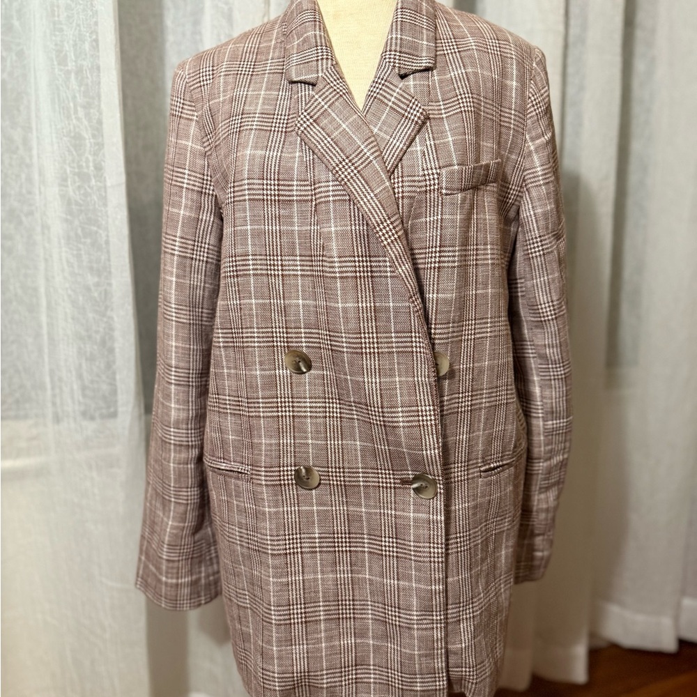 Mauve by Anthropologie Brown Plaid Double-Breasted Blazer
